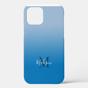 Modern Name Monogram Light to Dark Blue Gradient iPhone 12 Case