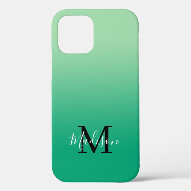 Modern Name Monogram Light to Dark Green Gradient Case-Mate iPhone Case (Back)