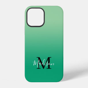 Modern Name Monogram Light to Dark Green Gradient iPhone 12 Case