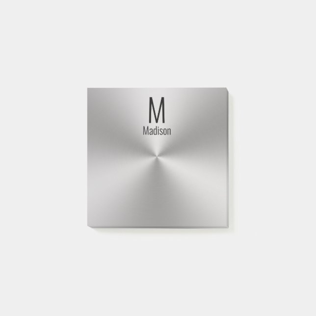 Modern Name & Monogram on Brushed Metal Look Post-it Notes (Front)