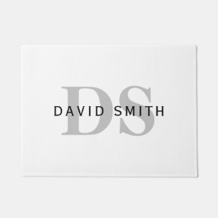 Modern Name & Monogram   White Black & Grey Doormat
