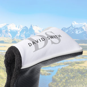 Modern Name & Monogram   White Black & Grey Golf Head Cover