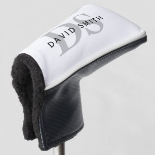 Modern Name & Monogram   White Black & Grey Golf Head Cover