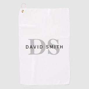Modern Name & Monogram White Black & Grey Golf Towel