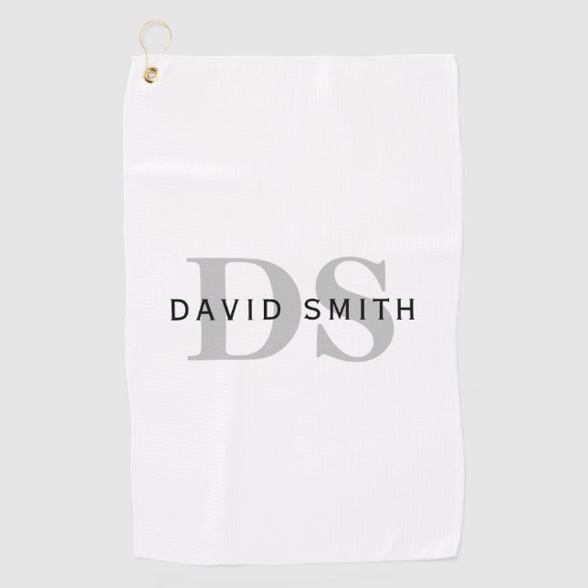 Modern Name & Monogram | White Black & Grey Golf Towel (Front)