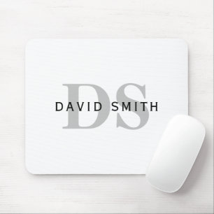 Modern Name & Monogram   White Black & Grey Mouse Mat