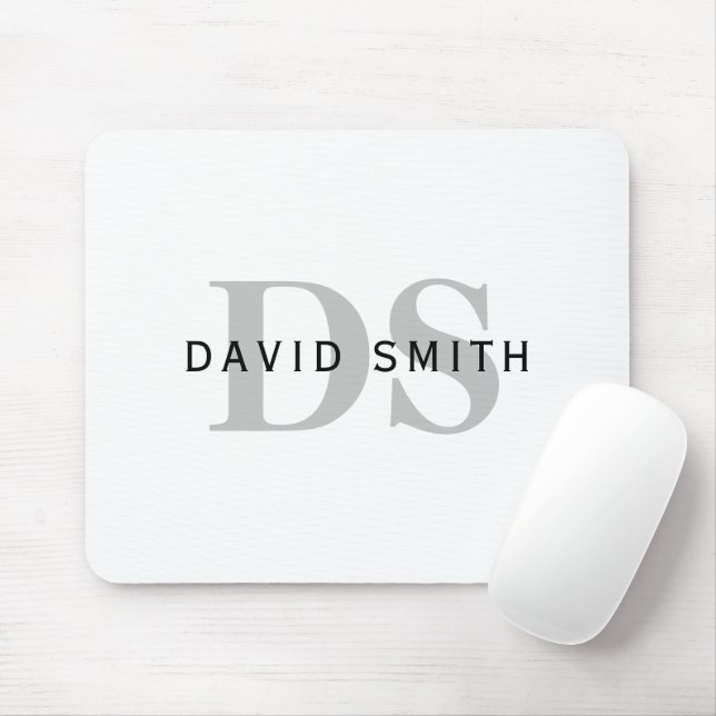 Modern Name & Monogram | White Black & Grey Mouse Mat (With Mouse)