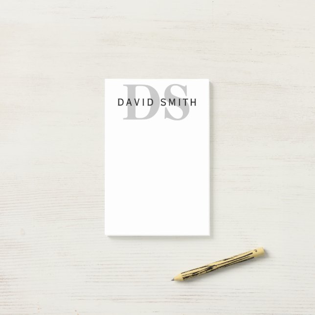 Modern Name & Monogram | White Black & Grey Post-it Notes (On Desk)