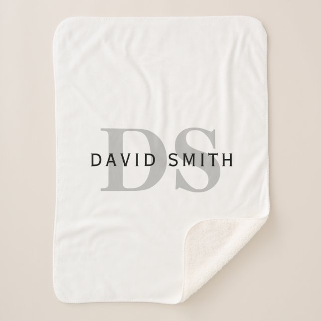 Modern Name & Monogram | White Black & Grey Sherpa Blanket (Front)