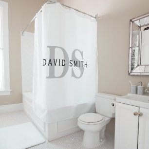 Modern Name & Monogram   White Black & Grey Shower Curtain