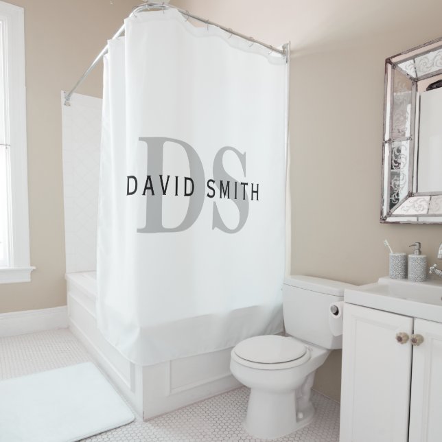 Modern Name & Monogram | White Black & Grey Shower Curtain (In Situ)
