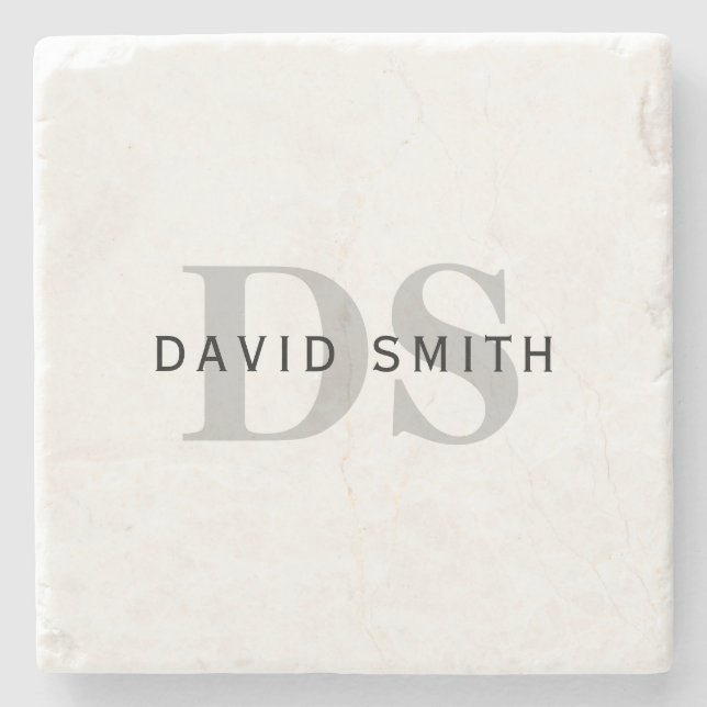 Modern Name & Monogram | White Black & Grey Stone Coaster (Front)