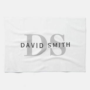 Modern Name & Monogram   White Black & Grey Tea Towel