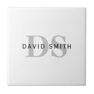 Modern Name & Monogram   White Black & Grey Tile