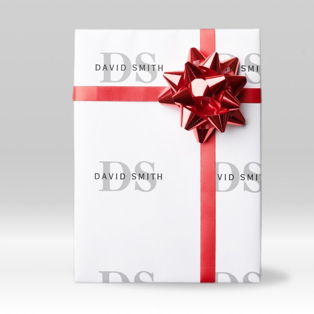 Modern Name & Monogram | White Black & Grey Wrapping Paper (Creator Uploaded)