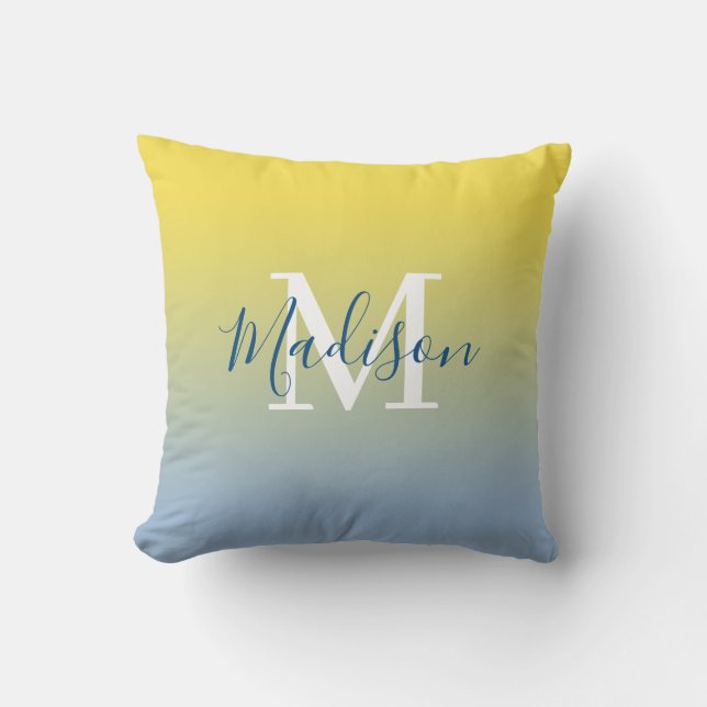 Modern Name Monogram Yellow to Light Blue Gradient Cushion (Front)