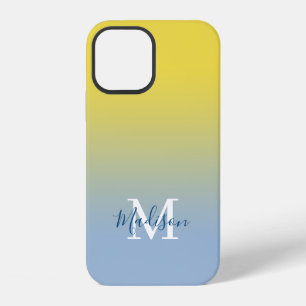 Modern Name Monogram Yellow to Light Blue Gradient iPhone 12 Case