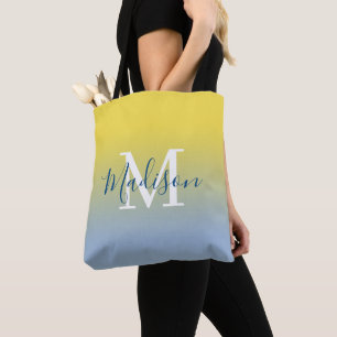 Modern Name Monogram Yellow to Light Blue Gradient Tote Bag