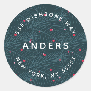 Modern Name Personalised Holiday Spruce Address Classic Round Sticker