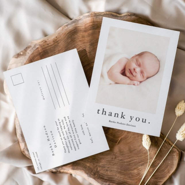 Modern Name Photo Baby Thank You Postcard (Simple Typography Baby Photo Thank You Card.)