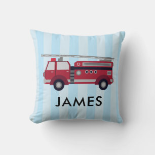 Modern Name Red Fire truck Blue Stripes Cushion