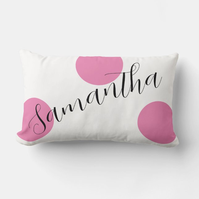 Modern Name Script Large Pink Polka Dots Lumbar Cushion (Front)