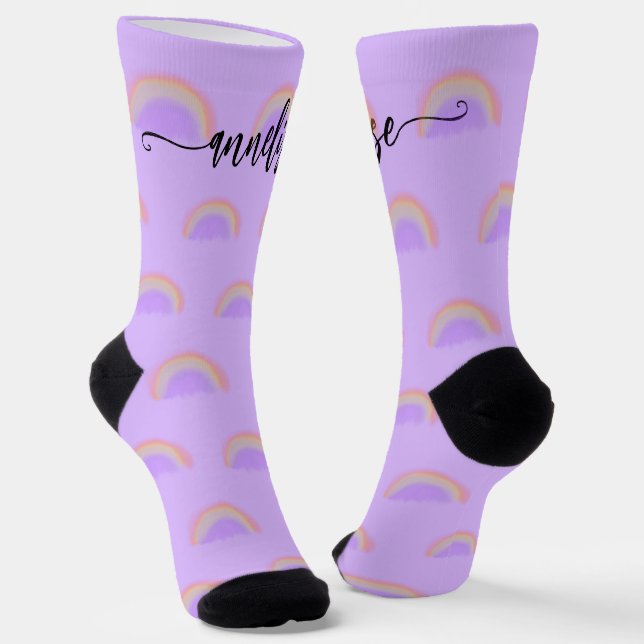 Modern name script personalised pastel rainbow socks (Angled)