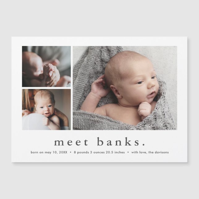 Modern Name Simple 3 Photo Baby Birth Announcement (Front)