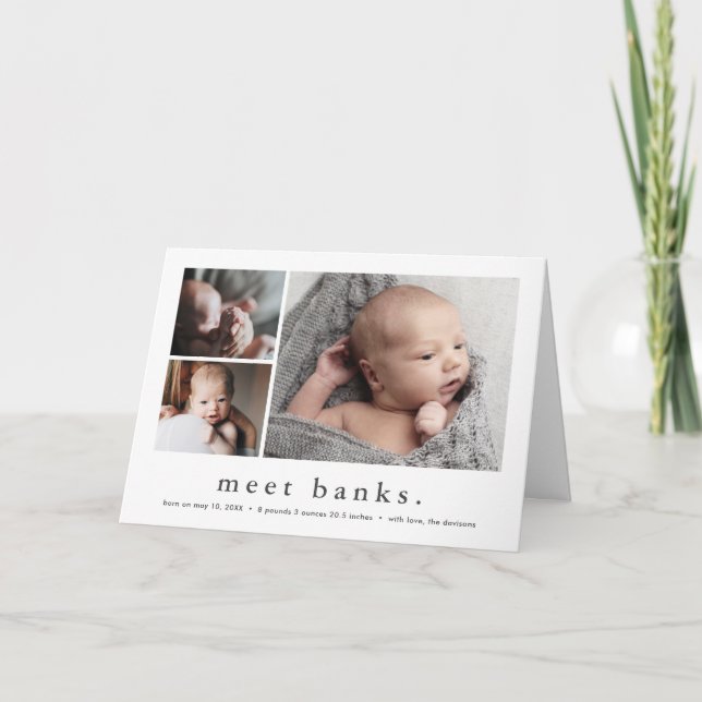 Modern Name Simple 3 Photo Collage Baby Birth Announcement (Front)
