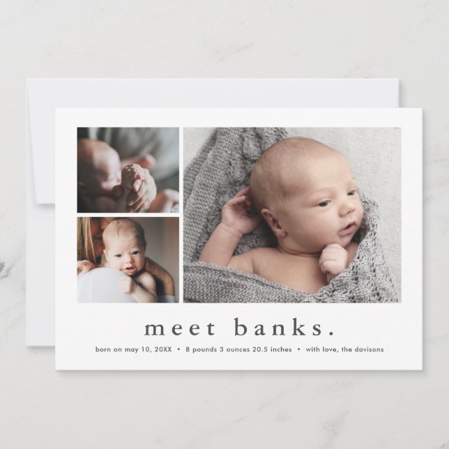 Modern Name Simple 3 Photo Collage Baby Birth  Announcement (Front)