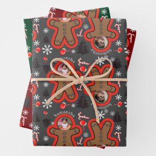 Modern Name Two photo Christmas Gingerbread Man 3 Wrapping Paper Sheet