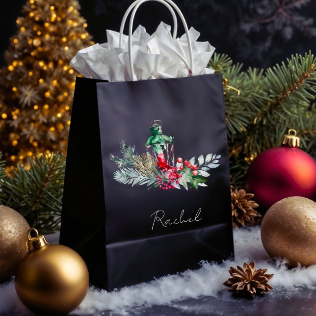 Modern Name Watercolor Script Merry Christmas Medium Gift Bag (Creator Uploaded)