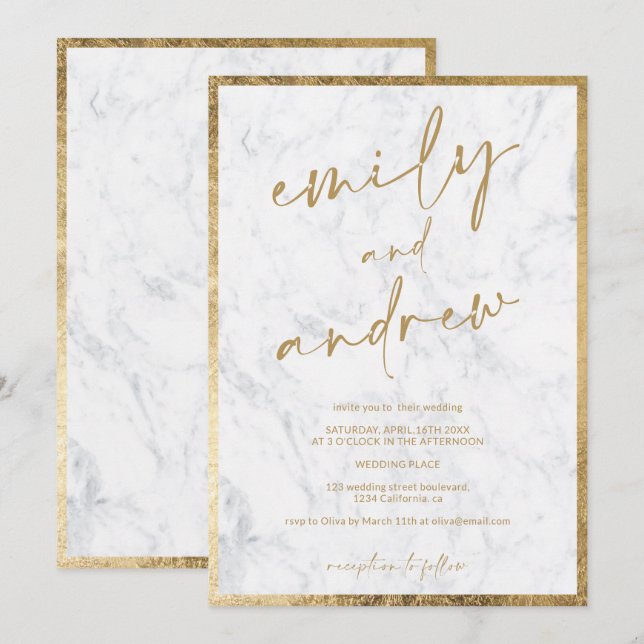 Modern names calligraphy gold marble chic wedding invitation (Front/Back)