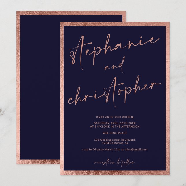Modern names calligraphy rose gold blue wedding invitation (Front/Back)