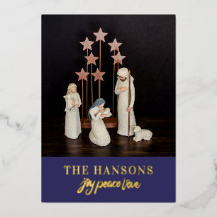 Modern Nativity Scene Joy Peace Love Hand Written Foil Holiday Card