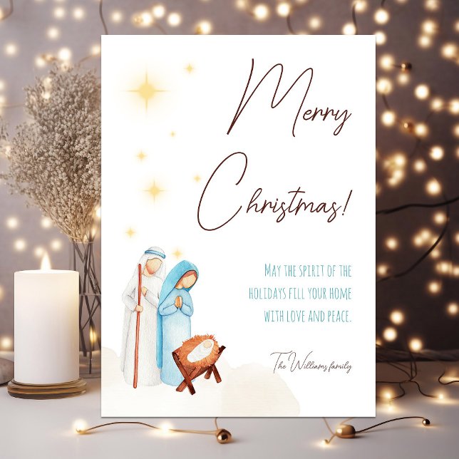 Modern Nativity Scene with Cute Baby Jesus Holiday Card (Cute nativity Christmas card with baby Jesus and personalized text)