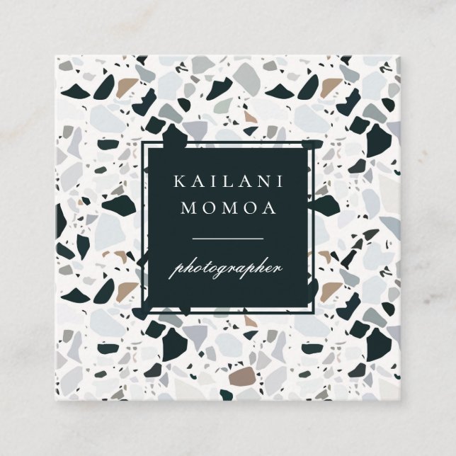 Modern Natural Blue Terrazzo Pattern Square Business Card (Front)