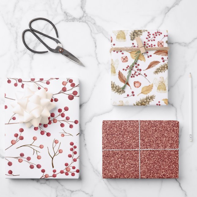 Modern Natural Red Berry Watercolor Wrapping Paper Sheet (Front)