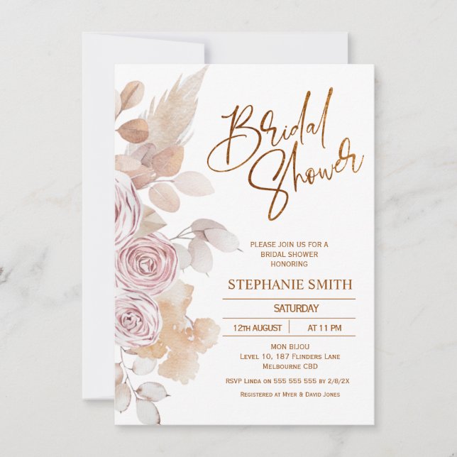 Modern Natural Tones Boho Floral Bridal Shower Invitation (Front)