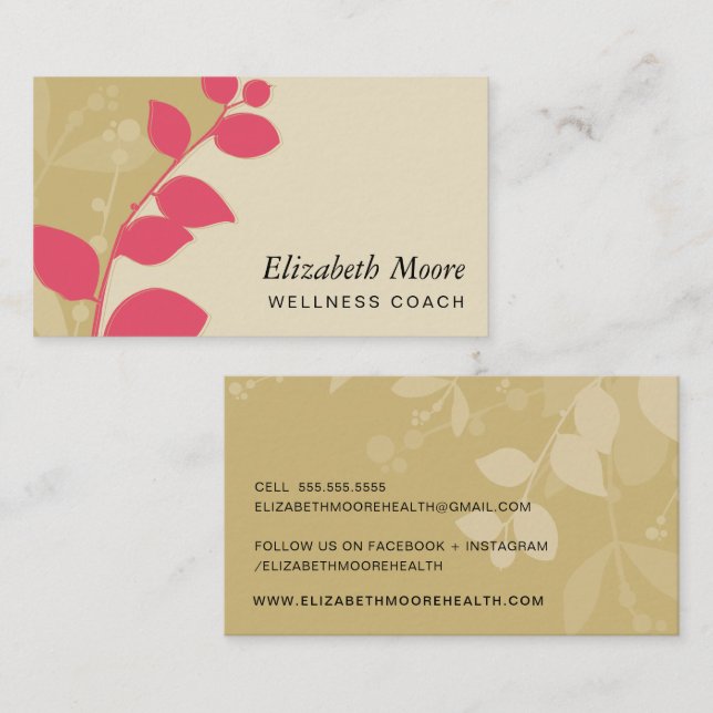 MODERN NATURE botanic foliage leaves gold coral Business Card (Front/Back)