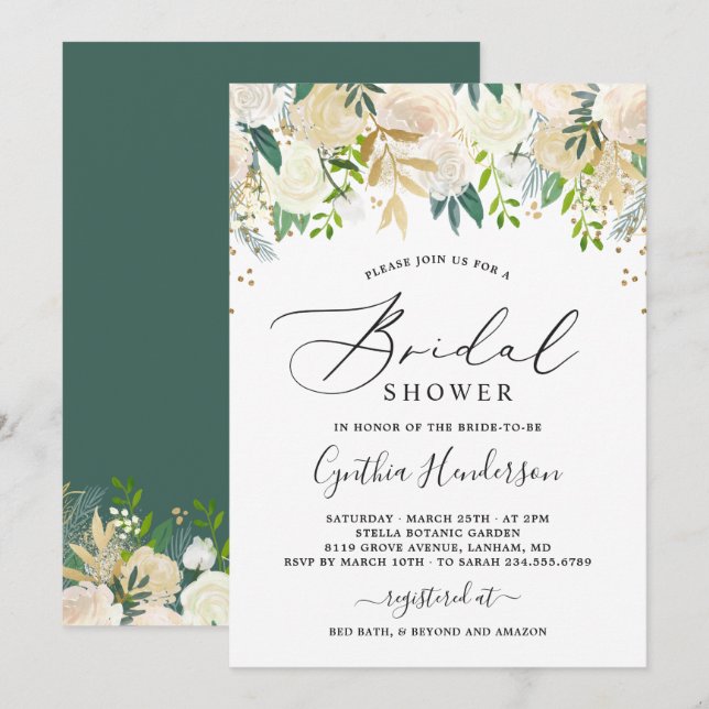 Modern Nature Green Gold Floral Bridal Shower Invitation (Front/Back)