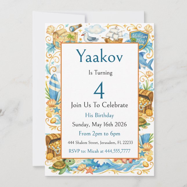 Modern Nautical Adventure Kid 4th Birthday For Boy Invitation (Front)