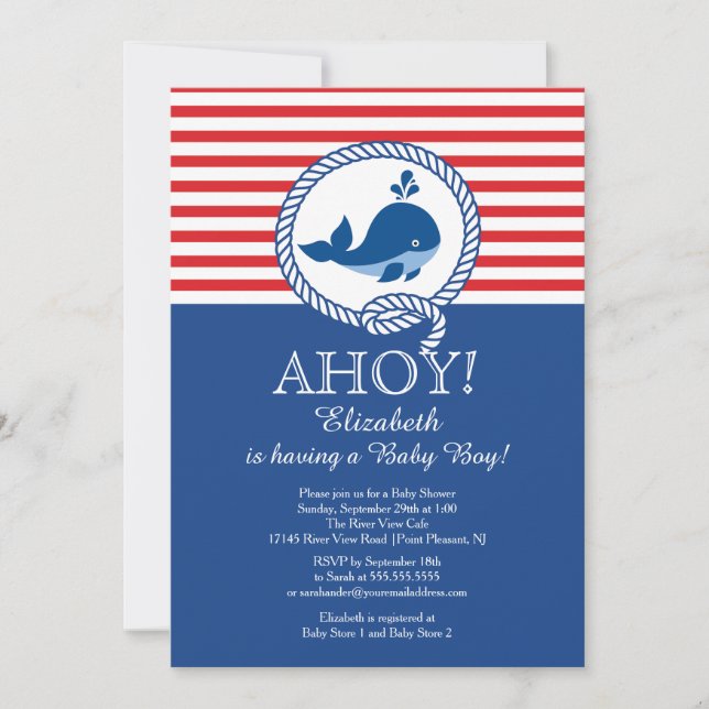 Modern Nautical Ahoy Whale Boys Baby Shower Invitation (Front)