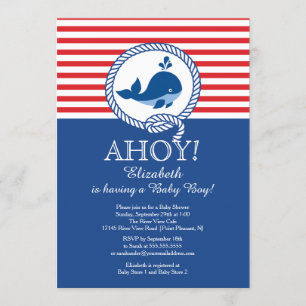 Modern Nautical Ahoy Whale Boys Baby Shower Invitation