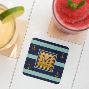 Modern Nautical Anchor Blue Gold Monogram Square Paper Coaster