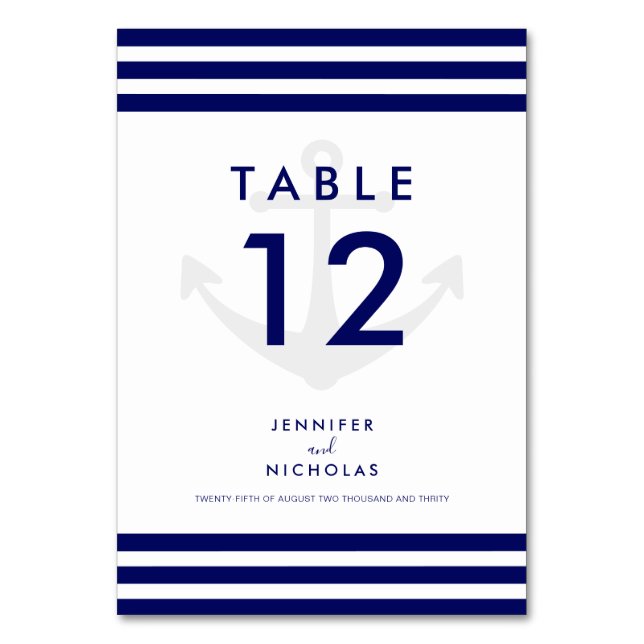 Modern Nautical Anchor Blue Stripes Wedding Table Number (Front)