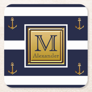 Modern Nautical Anchor Blue White Gold Monogram Square Paper Coaster