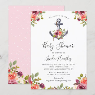Modern Nautical Anchor Floral Girl Baby Shower Invitation
