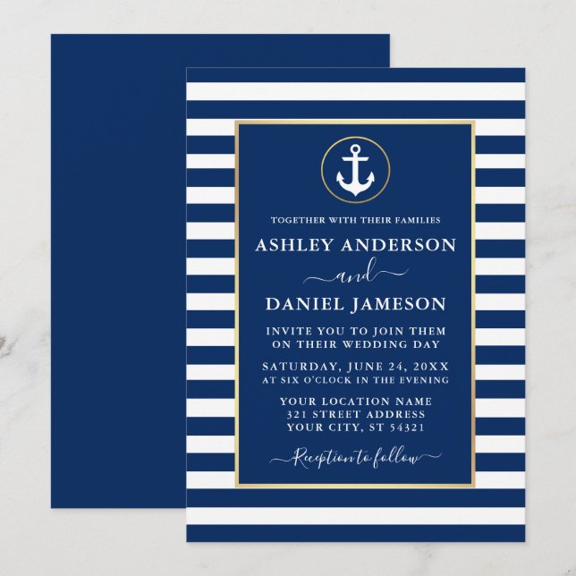 Modern Nautical Anchor Gold Blue Stripes Wedding Invitation (Front/Back)