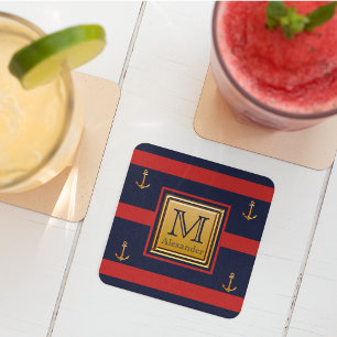 Modern Nautical Anchor Navy Blue Gold Red Monogram Square Paper Coaster
